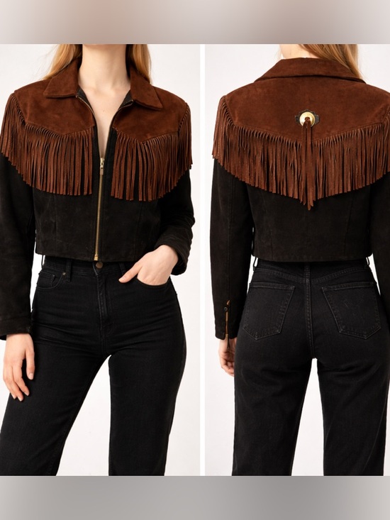 American Vintage Jackets & Blazers - Vintage 70s Fringe Suede Leather Jacket Cropped Western Boho Brown Black